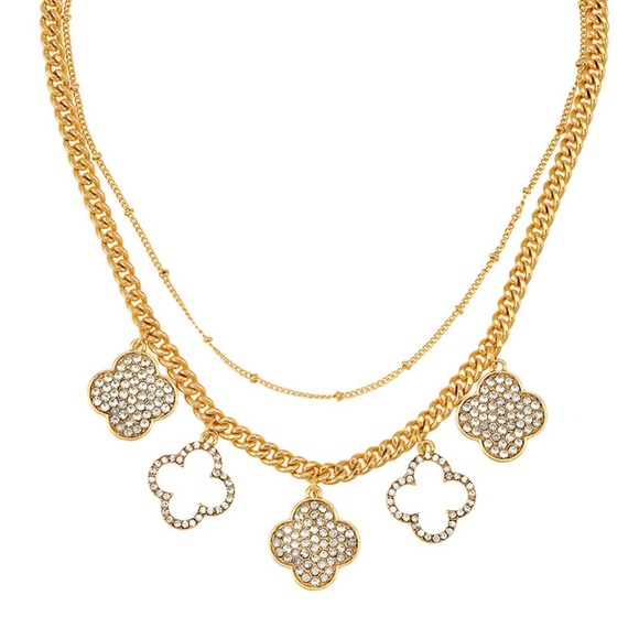 •Lucky You• Rhinestone Clover Multi Strand Necklace - Picture 2 of 5